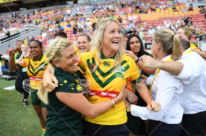 2017 RLWC Womens Final-Jillaroos Vs Kiwi Ferns  - Jillaroos bench celebrates after Australia's Caitlyn Moran kicks the field goal
