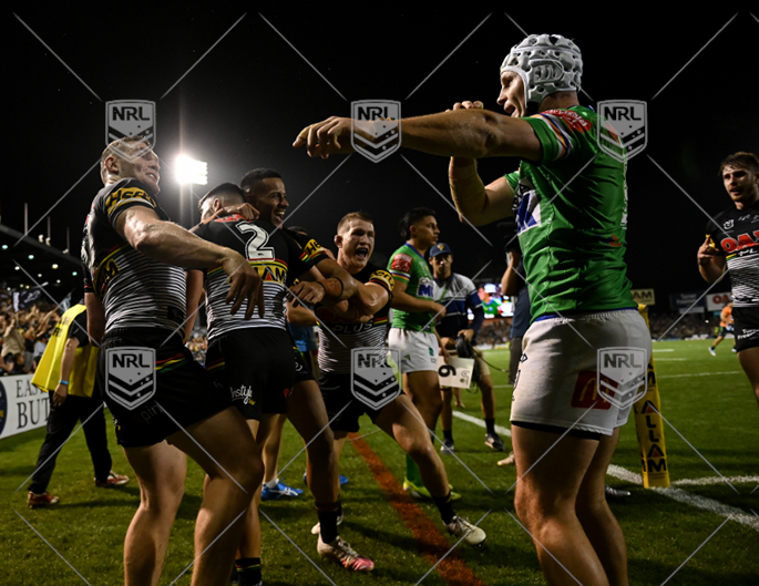 NRL 2021 RD05 Penrith Panthers v Canberra Raiders - Charlie Staines, try, Celeb into fight