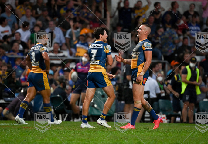 NRL 2021 QF Parramatta Eels v Newcastle Knights - Mitchell Moses Clinton Gutherson, celebrate