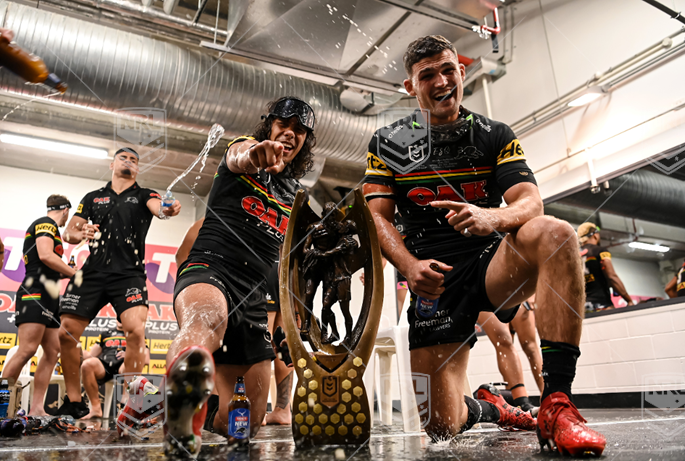 NRL 2021 GF Penrith Panthers v South Sydney Rabbitohs - Jarome Luai Nathan Cleary, Panthers celebrate win