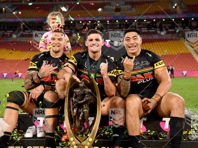 NRL 2021 GF Penrith Panthers v South Sydney Rabbitohs - James Fisher-Harris Nathan Cleary Moses Leota, Panthers celebrate , trophy