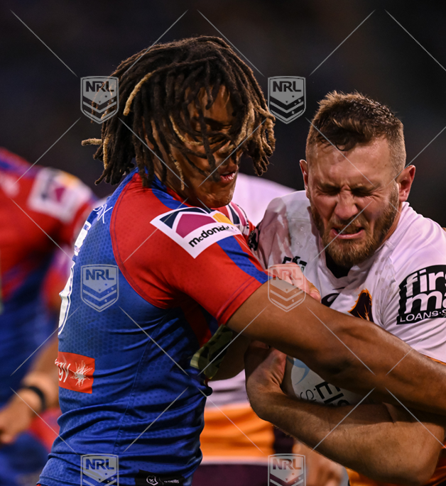 NRL 2022 RD11 Newcastle Knights v Brisbane Broncos - Kurt Capewell Dominic Young, hit by Young