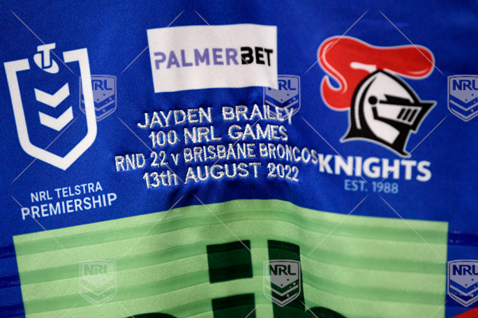 NRL 2022 RD22 Brisbane Broncos v Newcastle Knights - Jayden Brailey,  100 Games