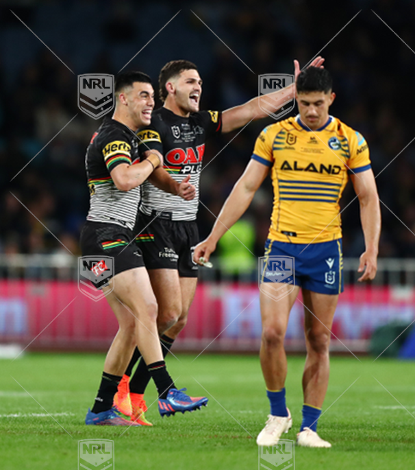 NRL 2022 GF Penrith Panthers v Parramatta Eels - Nathan Cleary Charlie Staines, celebrate victory