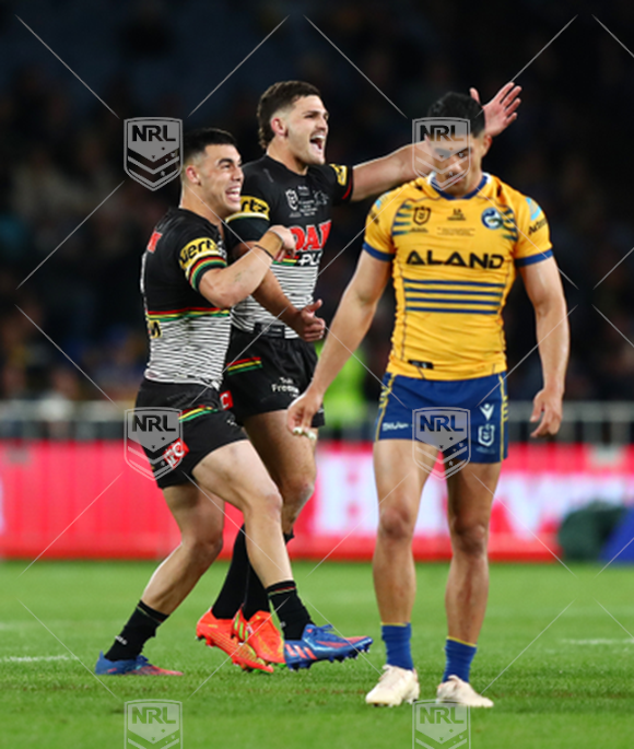 NRL 2022 GF Penrith Panthers v Parramatta Eels - Nathan Cleary Charlie Staines, celebrate victory