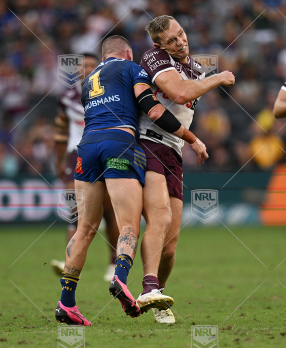 NRL 2024 RD03 Parramatta Eels v Manly-Warringah Sea Eagles - Tom Trbojevic Clinton Gutherson, hit late