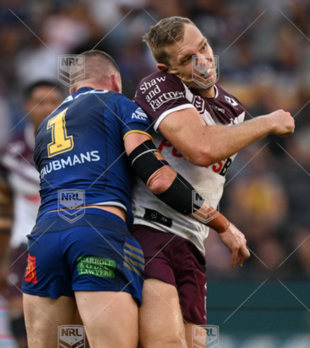 NRL 2024 RD03 Parramatta Eels v Manly-Warringah Sea Eagles - Tom Trbojevic Clinton Gutherson, hit late